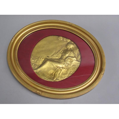 56 - A late 19c gilt bronze relief plaque by Rene Baudichon 1878/1963, framed 1928, 24cm diam.