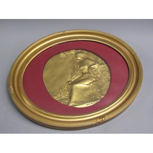 56 - A late 19c gilt bronze relief plaque by Rene Baudichon 1878/1963, framed 1928, 24cm diam.