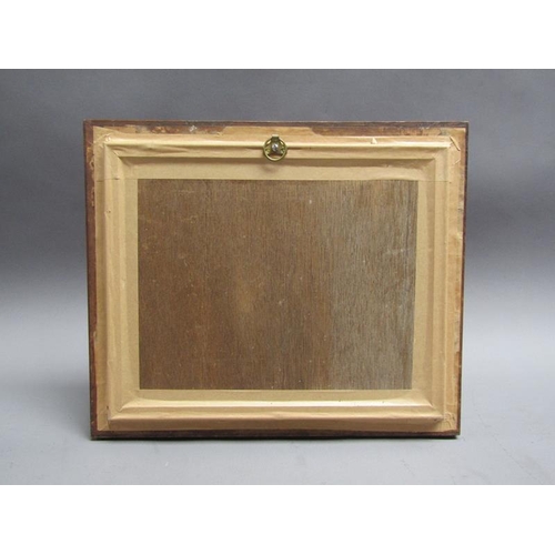 57 - A 19c cork picture of a monastery on a timbered hillside close to a river estuary, framed and glazed... 