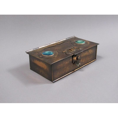 58 - An Arts & Craft copper anodised playing card box of rectangular form with fall front and rising cove... 