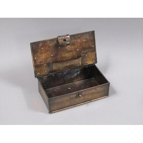 58 - An Arts & Craft copper anodised playing card box of rectangular form with fall front and rising cove... 