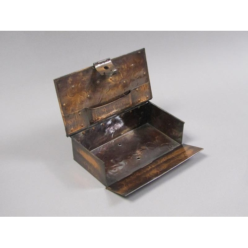 58 - An Arts & Craft copper anodised playing card box of rectangular form with fall front and rising cove... 