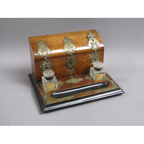 59 - A Victorian burr walnut two bottle inkstand with pen tray and a stationery box fitted and with hinge... 
