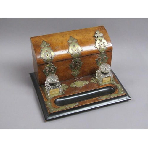 59 - A Victorian burr walnut two bottle inkstand with pen tray and a stationery box fitted and with hinge... 