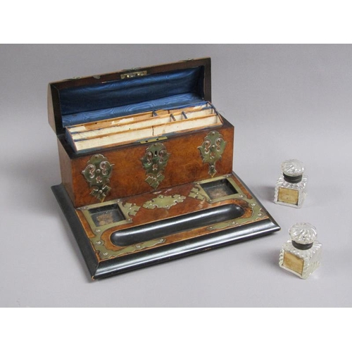 59 - A Victorian burr walnut two bottle inkstand with pen tray and a stationery box fitted and with hinge... 