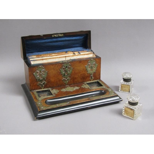 59 - A Victorian burr walnut two bottle inkstand with pen tray and a stationery box fitted and with hinge... 