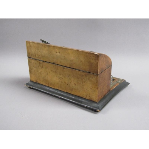 59 - A Victorian burr walnut two bottle inkstand with pen tray and a stationery box fitted and with hinge... 