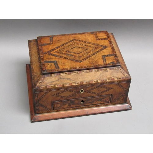 63 - A 19c ladies dressing box, Tunbridge ware decorated with a hinged rising cover, one base drawer, the... 