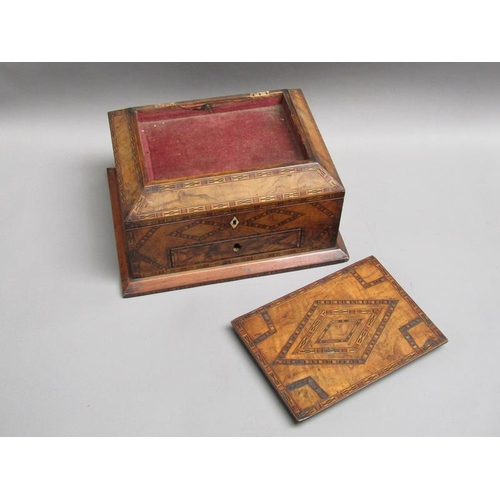 63 - A 19c ladies dressing box, Tunbridge ware decorated with a hinged rising cover, one base drawer, the... 