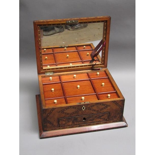 63 - A 19c ladies dressing box, Tunbridge ware decorated with a hinged rising cover, one base drawer, the... 
