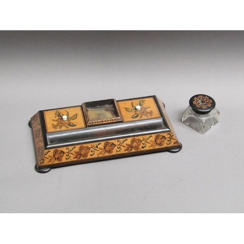 65 - A late 19c Tunbridge ware single bottle inkstand with two compartments having lift off covers, centr... 
