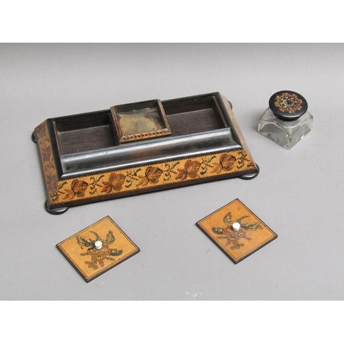 65 - A late 19c Tunbridge ware single bottle inkstand with two compartments having lift off covers, centr... 