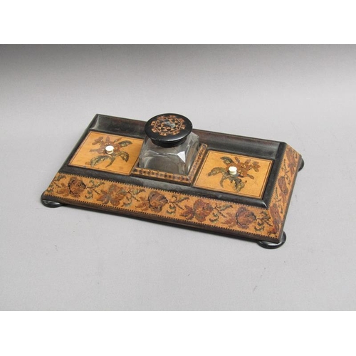 65 - A late 19c Tunbridge ware single bottle inkstand with two compartments having lift off covers, centr... 