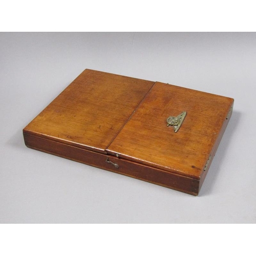 69 - An early 19c Officers campaign folding mirror with a ratchet strut in a mahogany box enclosed by two... 