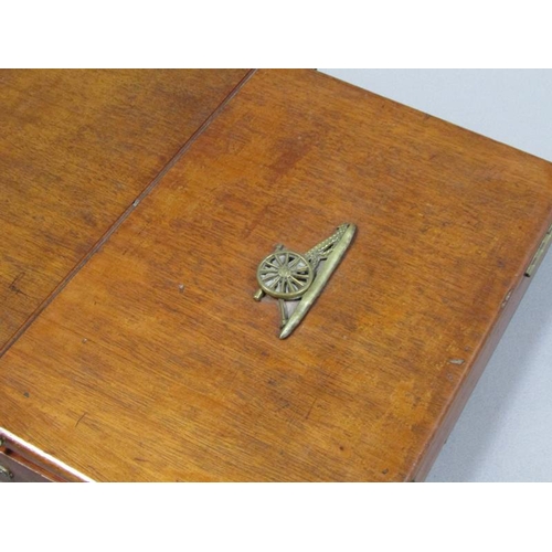 69 - An early 19c Officers campaign folding mirror with a ratchet strut in a mahogany box enclosed by two... 