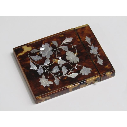 71 - A 19c visiting card case of pearl inlaid tortoiseshell, 8cm x 10cm.