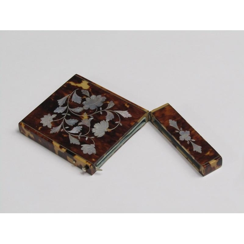 71 - A 19c visiting card case of pearl inlaid tortoiseshell, 8cm x 10cm.