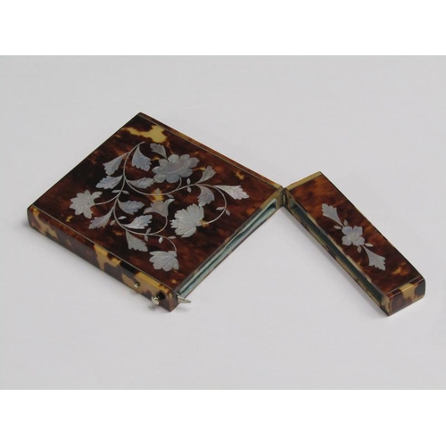 71 - A 19c visiting card case of pearl inlaid tortoiseshell, 8cm x 10cm.