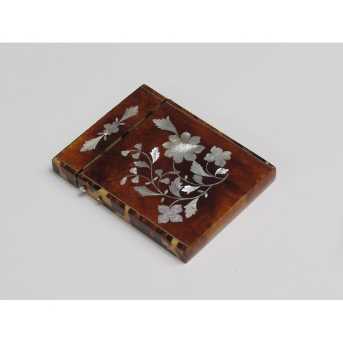 71 - A 19c visiting card case of pearl inlaid tortoiseshell, 8cm x 10cm.