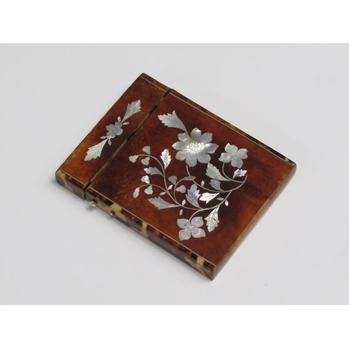 71 - A 19c visiting card case of pearl inlaid tortoiseshell, 8cm x 10cm.