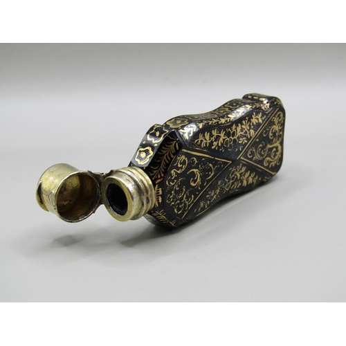 72 - A 19c glass scent bottle of facet form with panels of gilt work and having a gilt metal hinged top, ... 