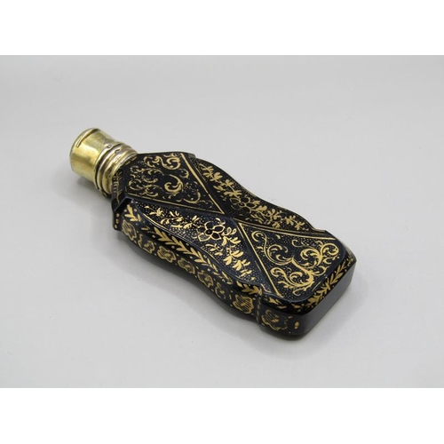 72 - A 19c glass scent bottle of facet form with panels of gilt work and having a gilt metal hinged top, ... 