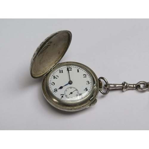 74 - An early 20c Swiss full hunter pocket watch, the base metal case having convex front and back in the... 