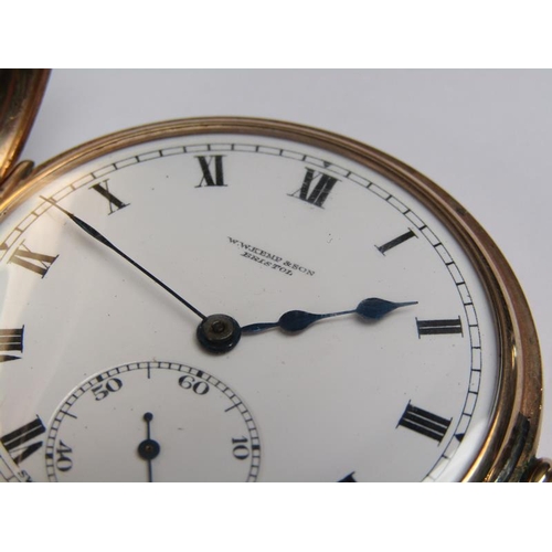 78 - A Swiss half hunter pocket watch retailed by W.W.Kemp & Son, Bristol and having a 9ct gold case hall... 