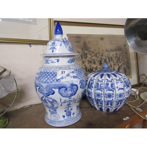 27 - LARGE ORIENTAL BLUE AND WHITE JAR AND COVER AND ONE OTHER