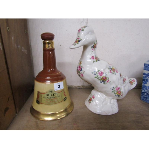 3 - CERAMIC FLORAL DUCK AND ONE WADE BELLS DECANTER