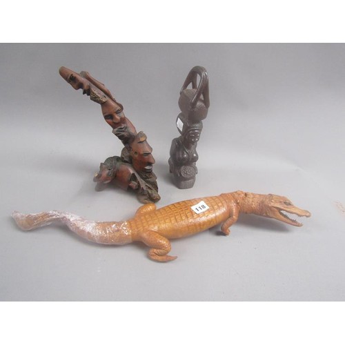 118 - CARVED AFRICAN FIGURES, TAXIDERMY ALLIGATOR