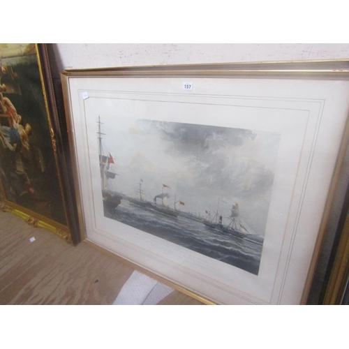 157 - PAIR LARGE FRAMED ENGRAVINGS, STEAM SHIP, THE GREAT WESTERN  AND ARFORDNESS IN A BREEZE