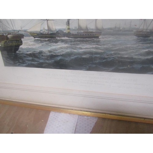 157 - PAIR LARGE FRAMED ENGRAVINGS, STEAM SHIP, THE GREAT WESTERN  AND ARFORDNESS IN A BREEZE