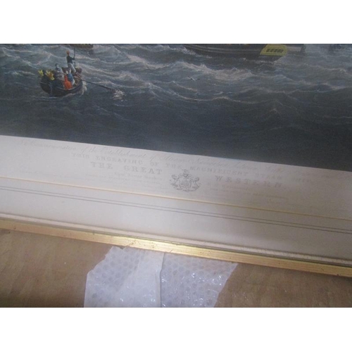 157 - PAIR LARGE FRAMED ENGRAVINGS, STEAM SHIP, THE GREAT WESTERN  AND ARFORDNESS IN A BREEZE