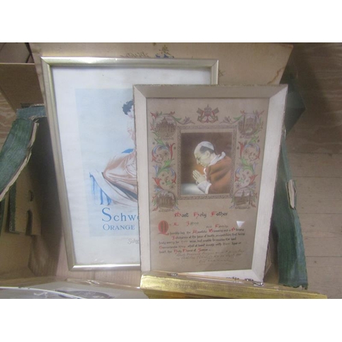 161 - BOX TO INCL VINTAGE ADVERTISING PICTURE; OILS, WATERCOLOUR ETC