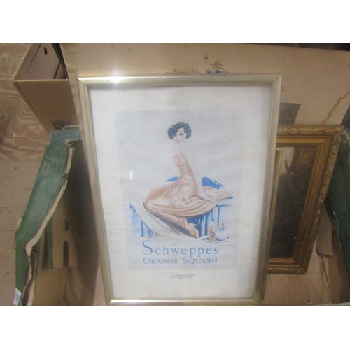 161 - BOX TO INCL VINTAGE ADVERTISING PICTURE; OILS, WATERCOLOUR ETC