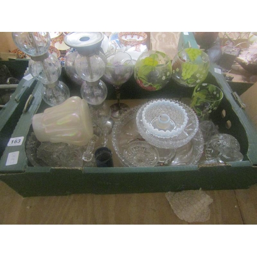 163 - BOX OF MIXED GLASS - CRYSTAL, CANDLESTICKS ETC