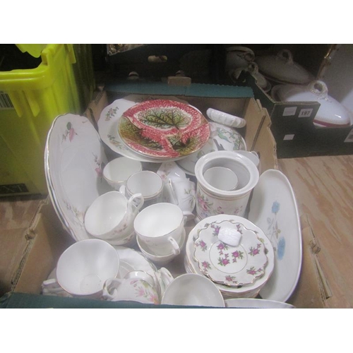 196 - BOX OF TEA AND TABLEWARES; MAJOLICA PLATE