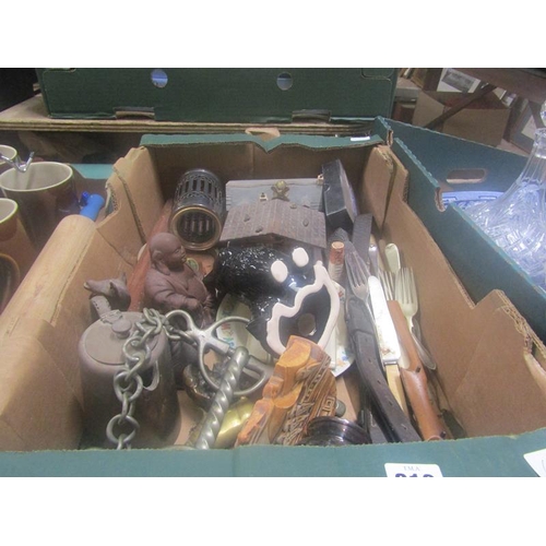 219 - BOX OF MIXED METALWARE AND CERAMICS TO INCL CUTLERY