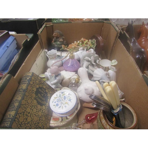 222 - BOX TO INCL PORCELAIN FIGURINES, TEAWARES ETC, CUTLERY