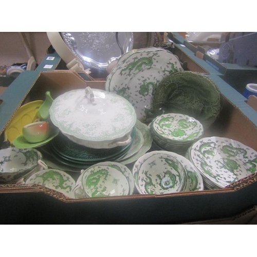 235 - BOX OF TEA AND TABLEWARES TO INCL  MAJOLICA PLATES