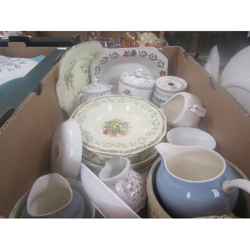 239 - BOX OF TEA AND TABLEWARES, STORAGE JARS ETC