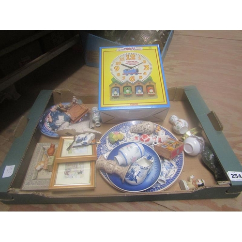 254 - BOX OF MINIATURE PORCELAIN ITEMS - THOMAS THE TANK ENGINE CLOCK ETC