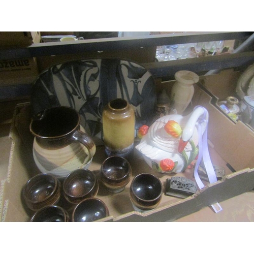 257 - STUDIO POTTERY STONEWARE DRINKS SET; PLATTER ETC