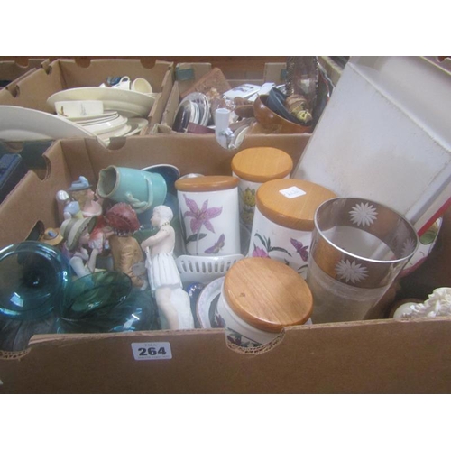 264 - BOX OF MISC TO INCL PORT MERION STORAGE JAR, FIGURINES, GLASS ETC