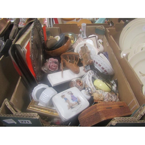 271 - BOX OF MISC TO INCL MIXED CERAMICS, ORNAMENTS ETC