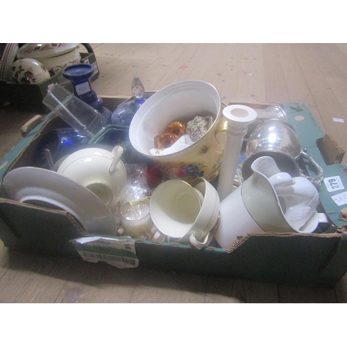 279 - BOX OF MIXED CERAMICS, GLASS AND SILVER PLATE