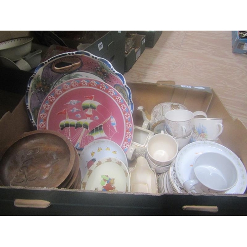 282 - BOX OF MIXED CERAMICS TO INCL CHARGERS, SADLER TEASET