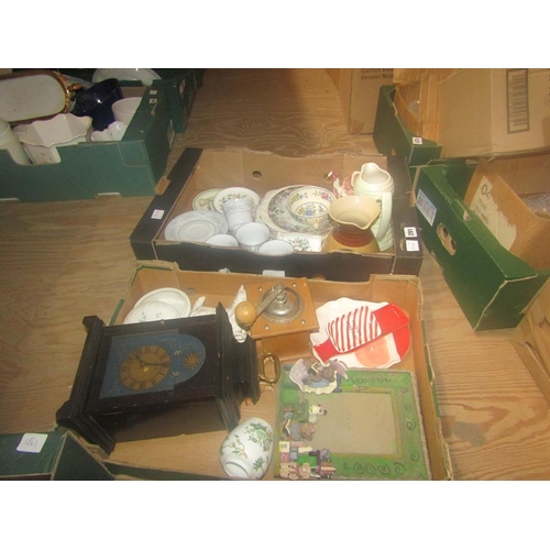 291 - TWO BOXES OF MIXED TEA AND TABLEWARES, CLOCK, COFFEE GRINDER ETC