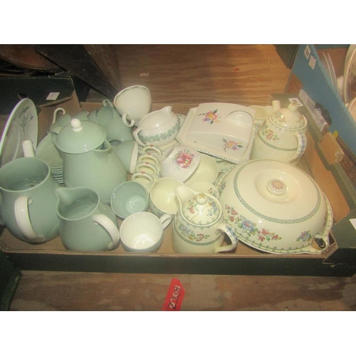 298 - BOX OF TEA AND TABLEWARES - WEDGWOOD, POOLE ETC